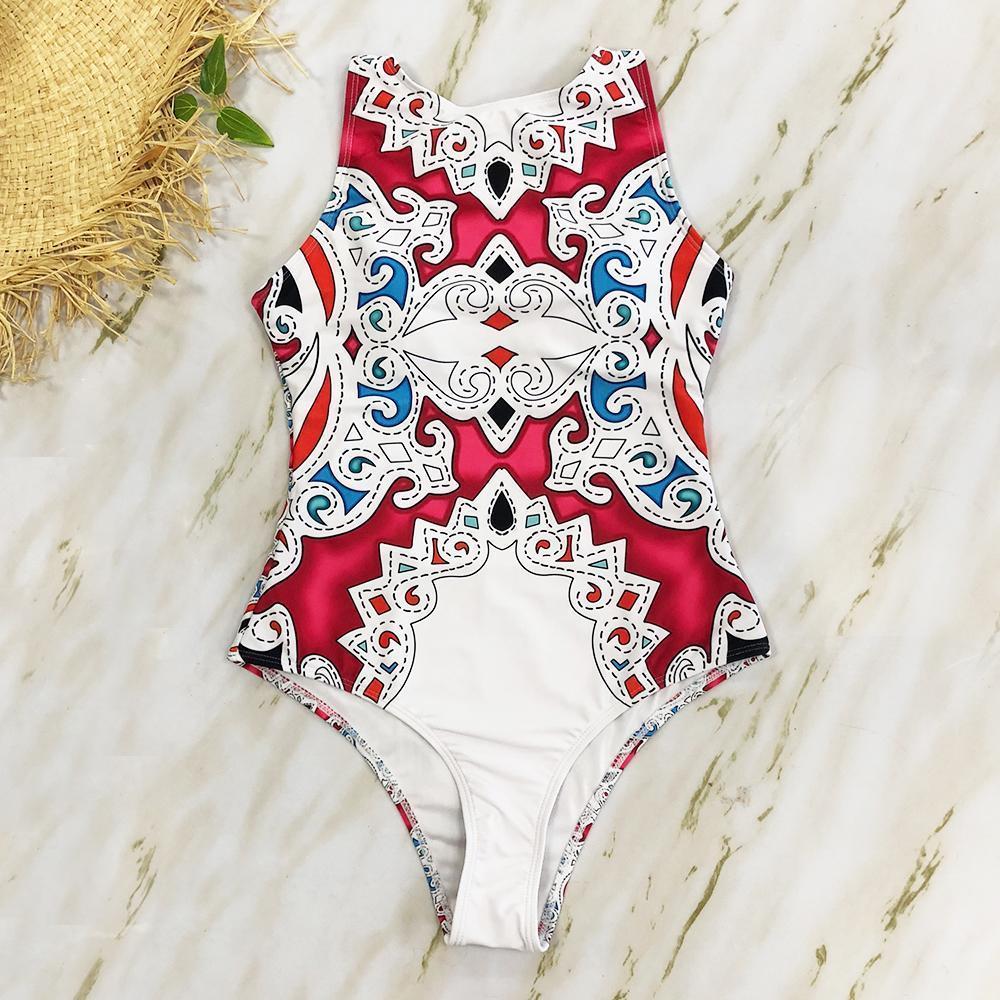 Striped Women One Piece Swimsuit Swimwear Printed Summer Bathing Suit Tropical Bodysuit-1