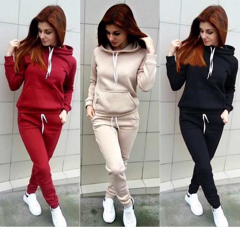 Autumn Winter Suit Casual  Women's Suit Loose Patchwork Hoodies and Long Pants 2 Pcs  Lantern Sleeve Big Size Female Sets