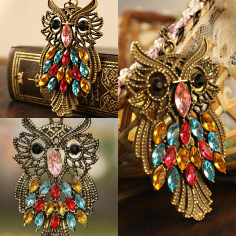 Retro Colorful Rhinestone Bronze Owl Pendant Necklace Long Chain Jewelry