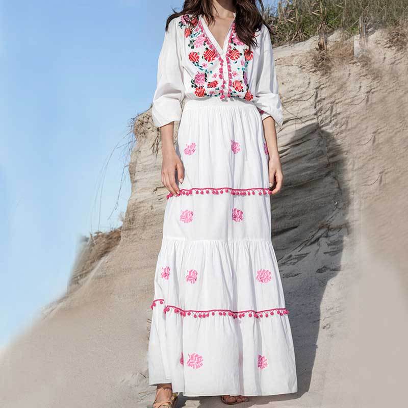 Floral Embroidered Hippie White Long Sleeve Pompom Maxi Dress