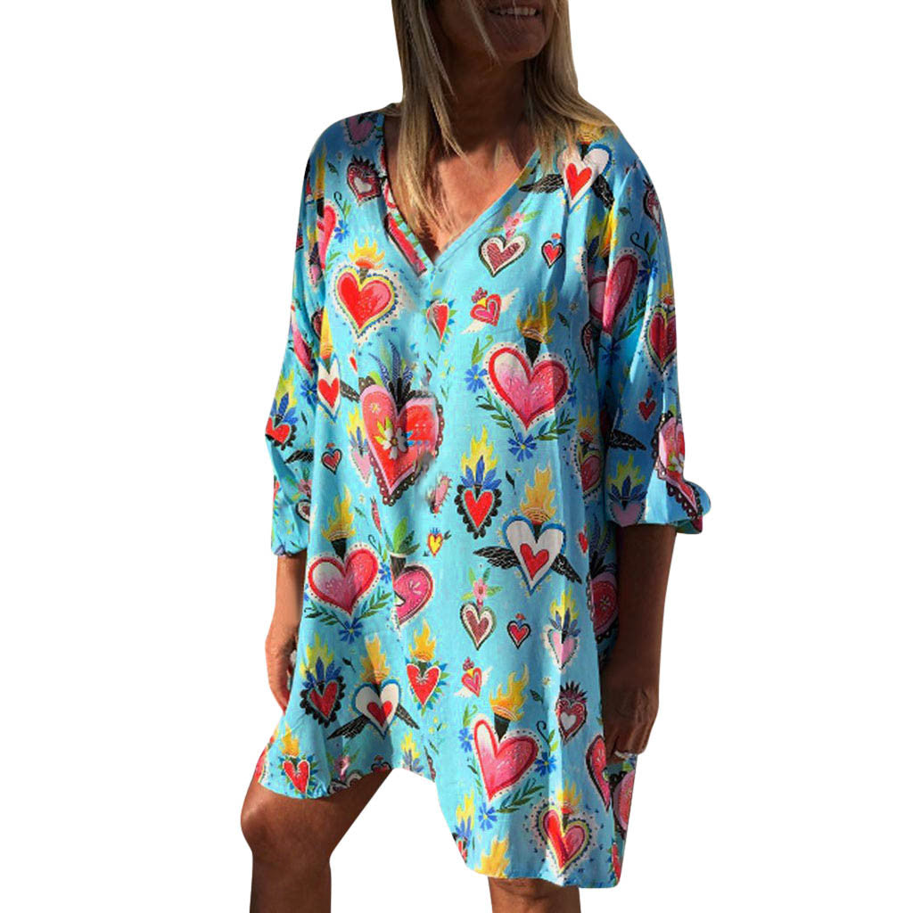 New Womens Casual Print V-Neck Short Sleeve Mini Dress