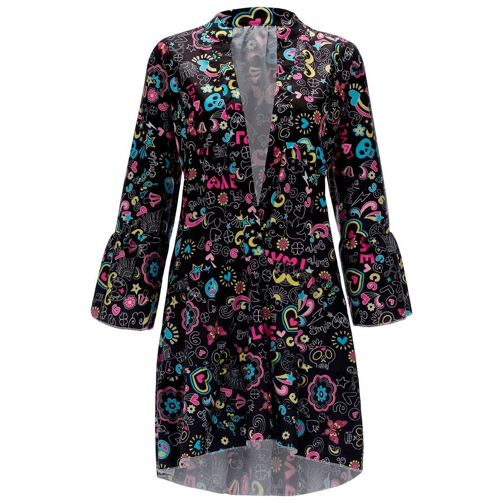 Women's Dresses Plus Size Loose Print Long Sleeve V-Collar Button Mini Dress