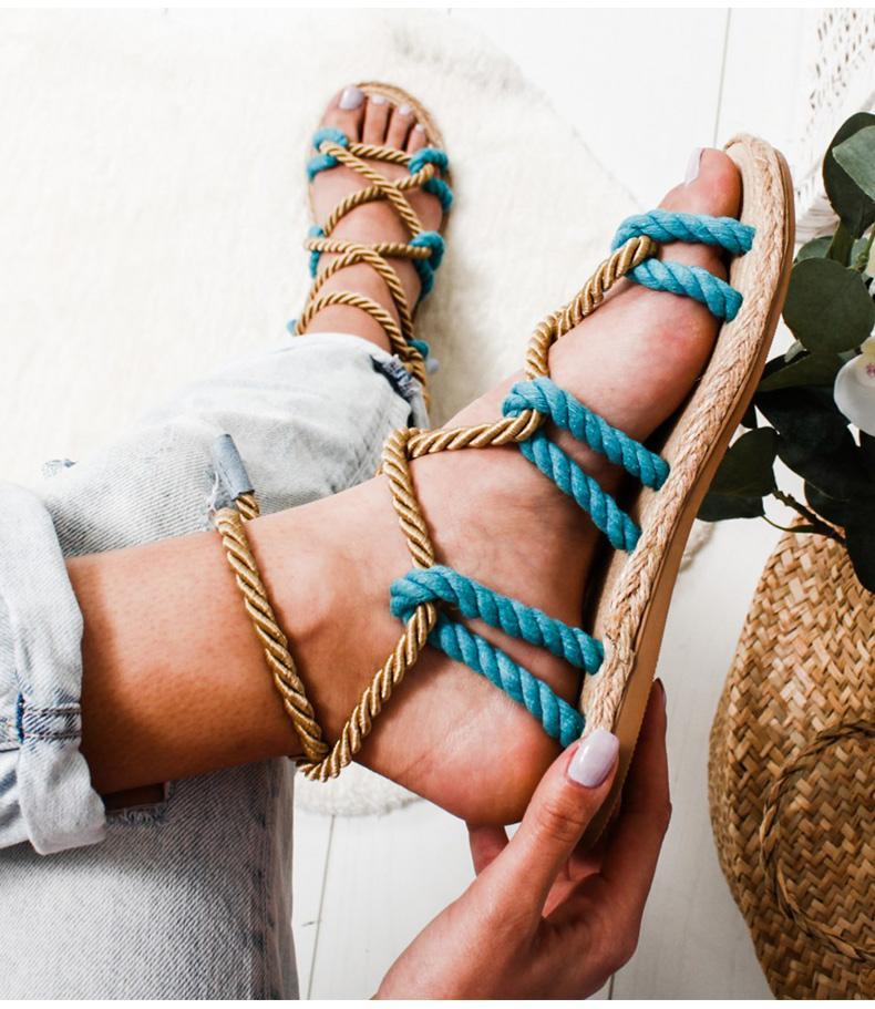 Women Fashion Summer Flat Shoes Colorful Hemp Rope Lace Up Gladiator Sandals