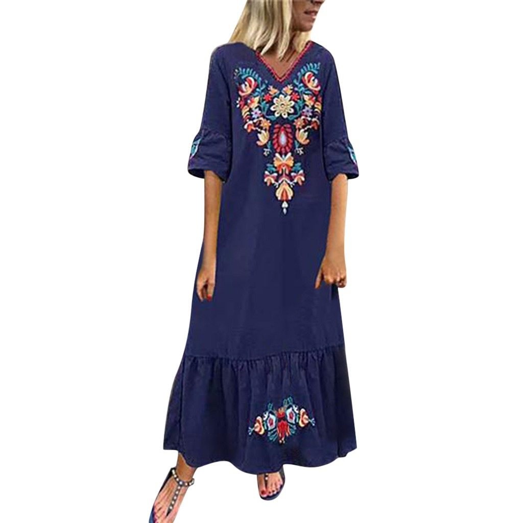 Women Casual Boho Floral Embroidery V-Neck Ruffled Linen Maxi Kaftan Midi Dresses