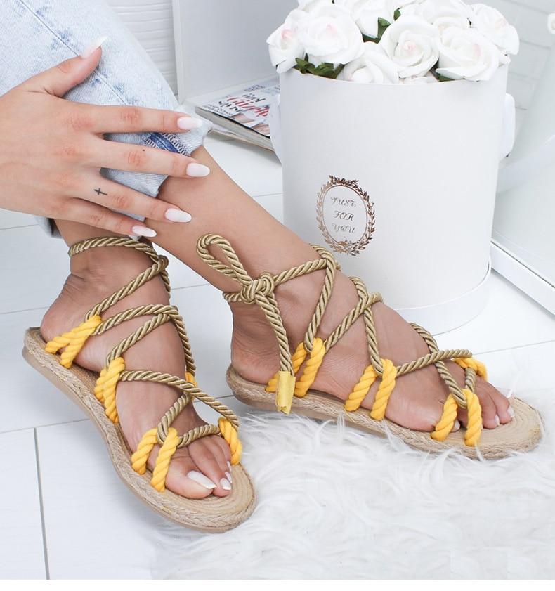 Women Fashion Summer Flat Shoes Colorful Hemp Rope Lace Up Gladiator Sandals