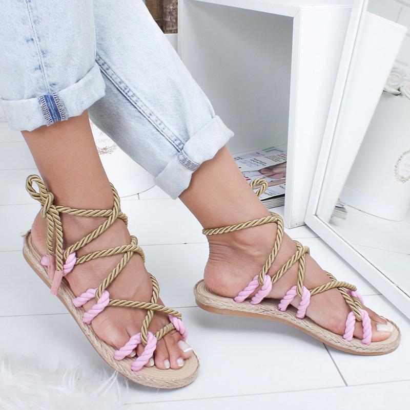 Women Fashion Summer Flat Shoes Colorful Hemp Rope Lace Up Gladiator Sandals