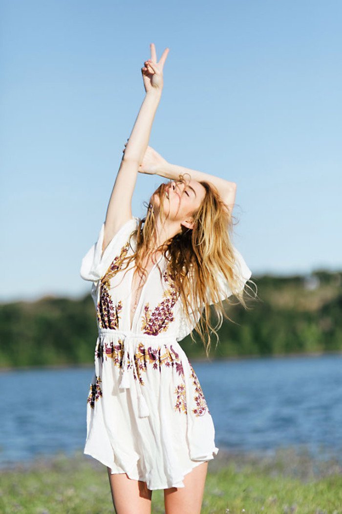 Boho Sexy Embroidered Deep V-neck Drawstring Long Sleeve Mini Dress