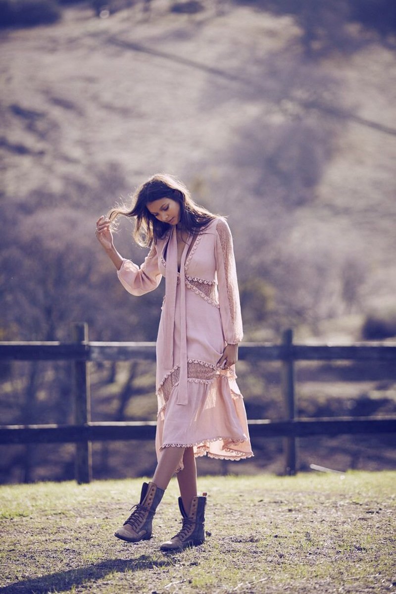 V-Neck Pink Long-Sleeve Patchwork Lace Boho Party Dress