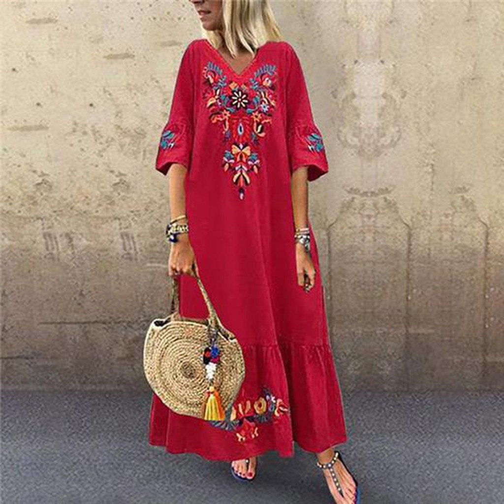 Women Casual Boho Floral Embroidery V-Neck Ruffled Linen Maxi Kaftan Midi Dresses