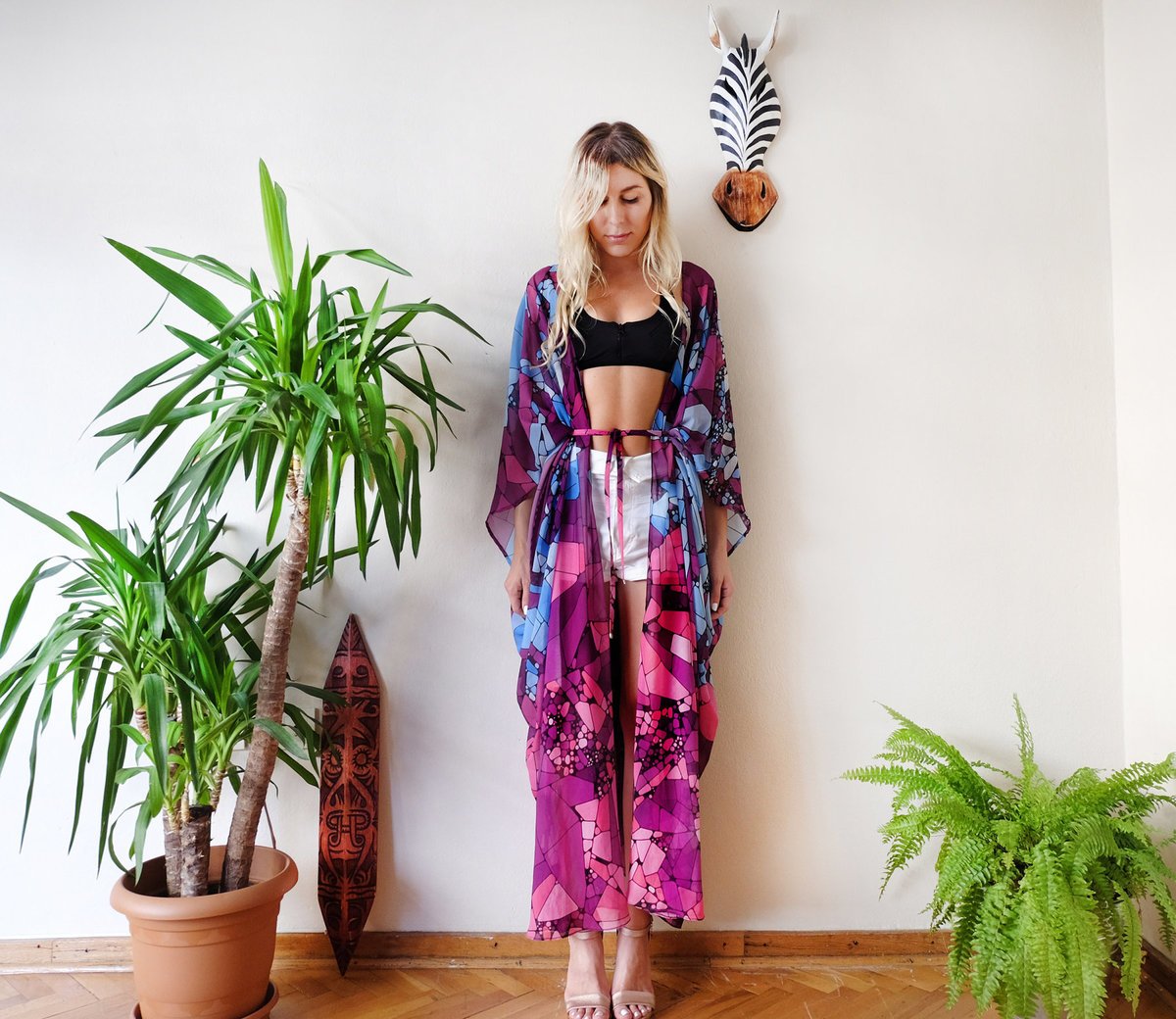 Floral Purple Chiffon Batwing Sleeve Beach Kimono With Belt Dress Cover-up