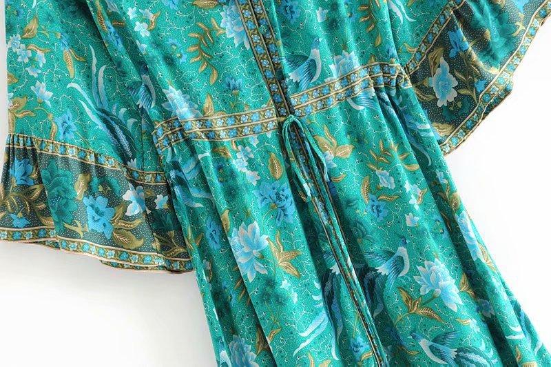 Boho Forest Print Fluted Sleeves Frill Summer Dress V-neck Tied Beach Dress for Women Chic Gypsy Boho Dress