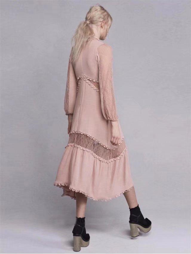 V-Neck Pink Long-Sleeve Patchwork Lace Boho Party Dress