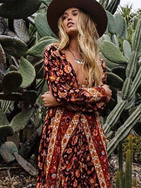 Summer Print Long Sleeve Bohemia Beach Maxi Long Dress