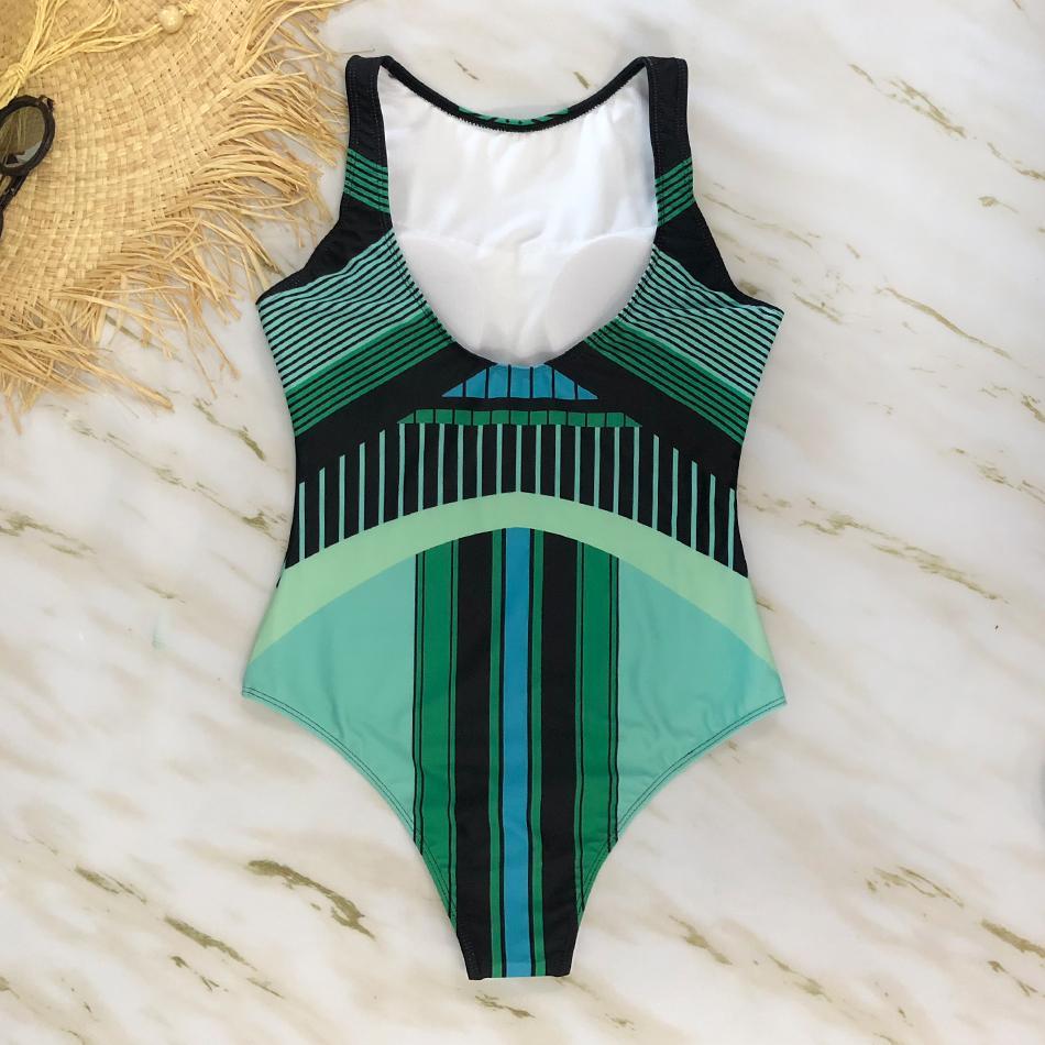 Striped Women One Piece Swimsuit Swimwear Printed Summer Bathing Suit Tropical Bodysuit-1