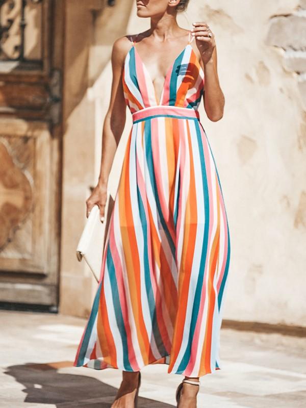 Colorful Striped Print V Neck Backless Sexy Long Dress