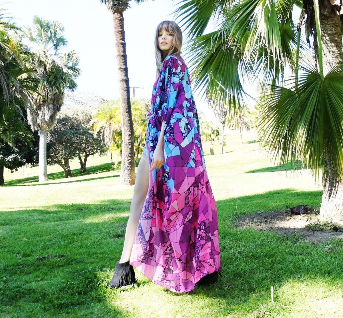 Floral Purple Chiffon Batwing Sleeve Beach Kimono With Belt Dress Cover-up