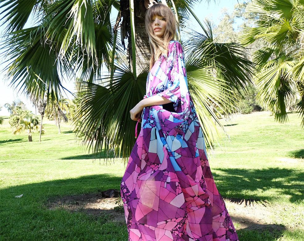 Floral Purple Chiffon Batwing Sleeve Beach Kimono With Belt Dress Cover-up