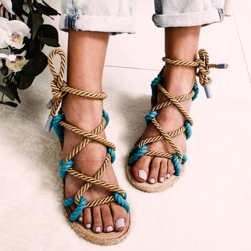 Women Fashion Summer Flat Shoes Colorful Hemp Rope Lace Up Gladiator Sandals