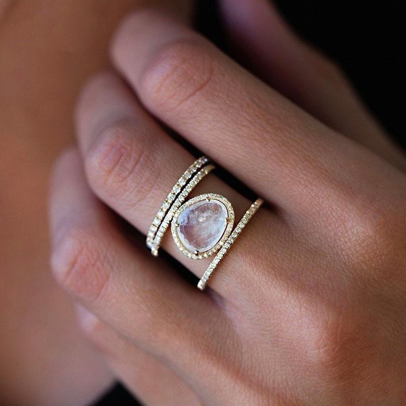 Simple Diamond Beach  Natural Moonstone Hollow Ring