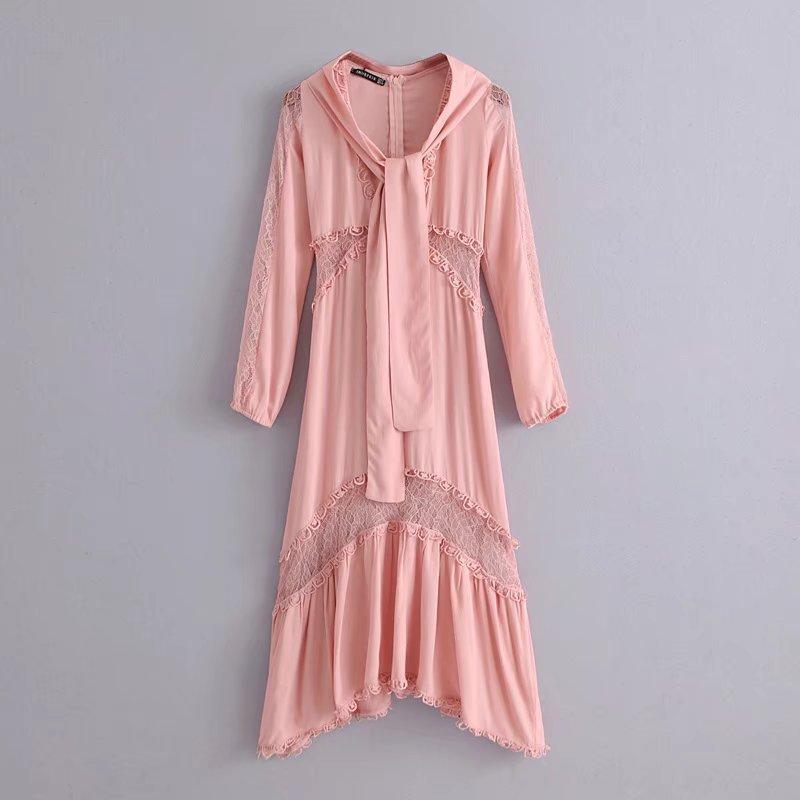 V-Neck Pink Long-Sleeve Patchwork Lace Boho Party Dress