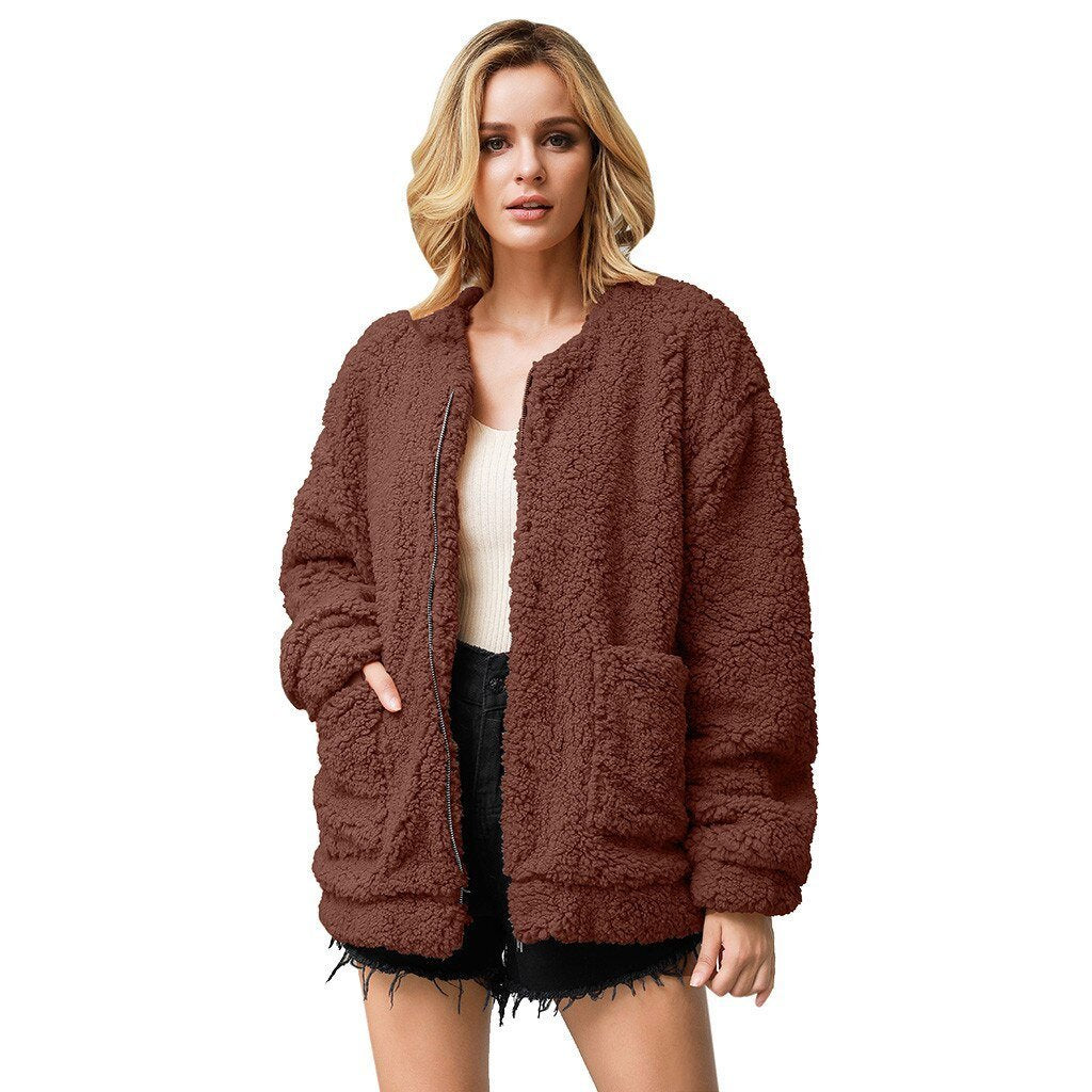 Women's Warm Faux Fur Loose Plush Scarf Coat Casual Solid Outwear Jackets With Pockets