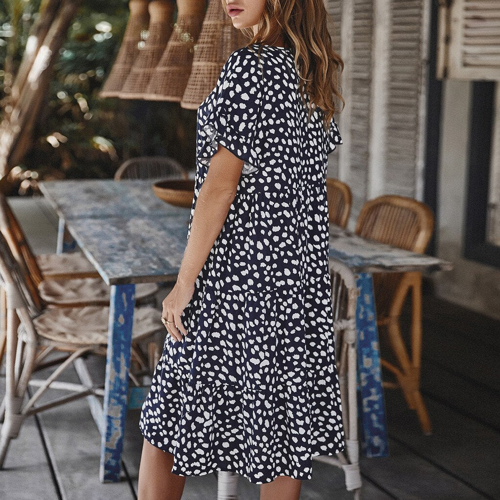 Women Loose O-neck Short Sleeve Dots Print Mini Dresses