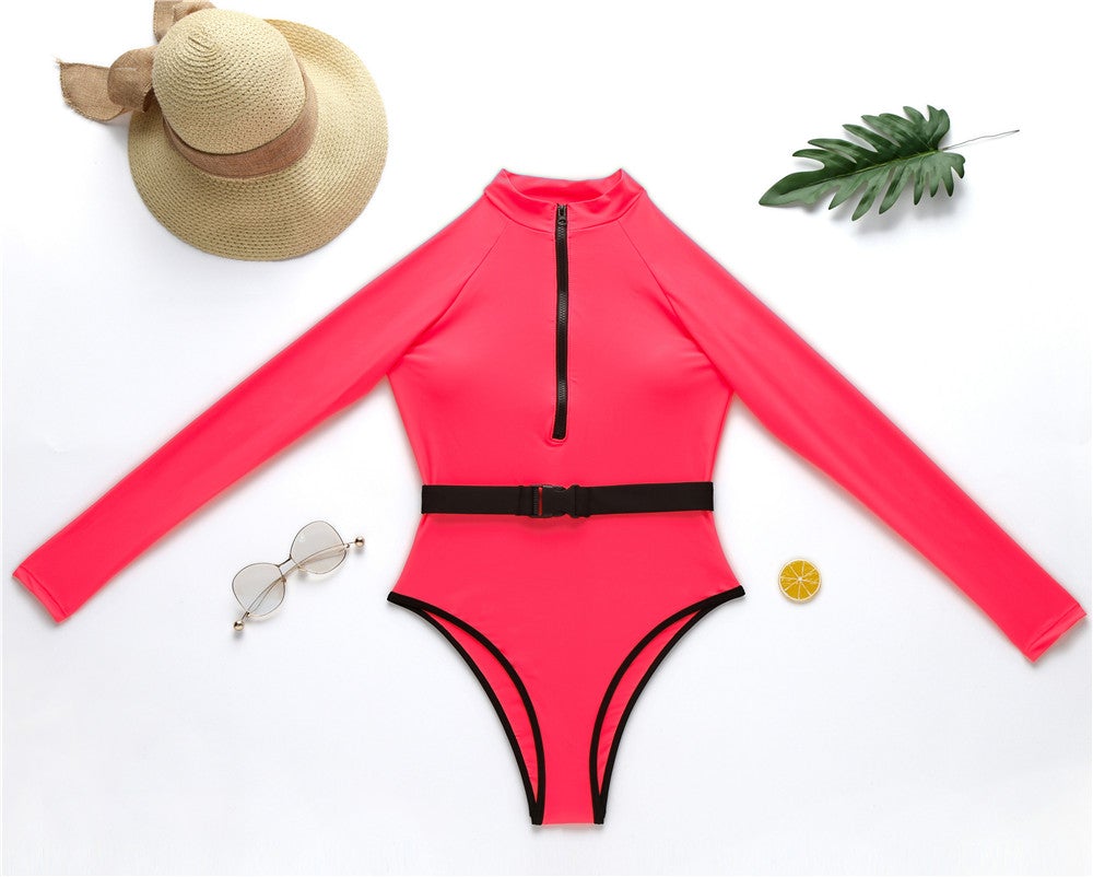 Long Sleeve Rash Guard Women Solid One Piece Swimsuit Fluorescent Green Swimwear Zipper Surfing Suit Belt Bath Suit UV Protect