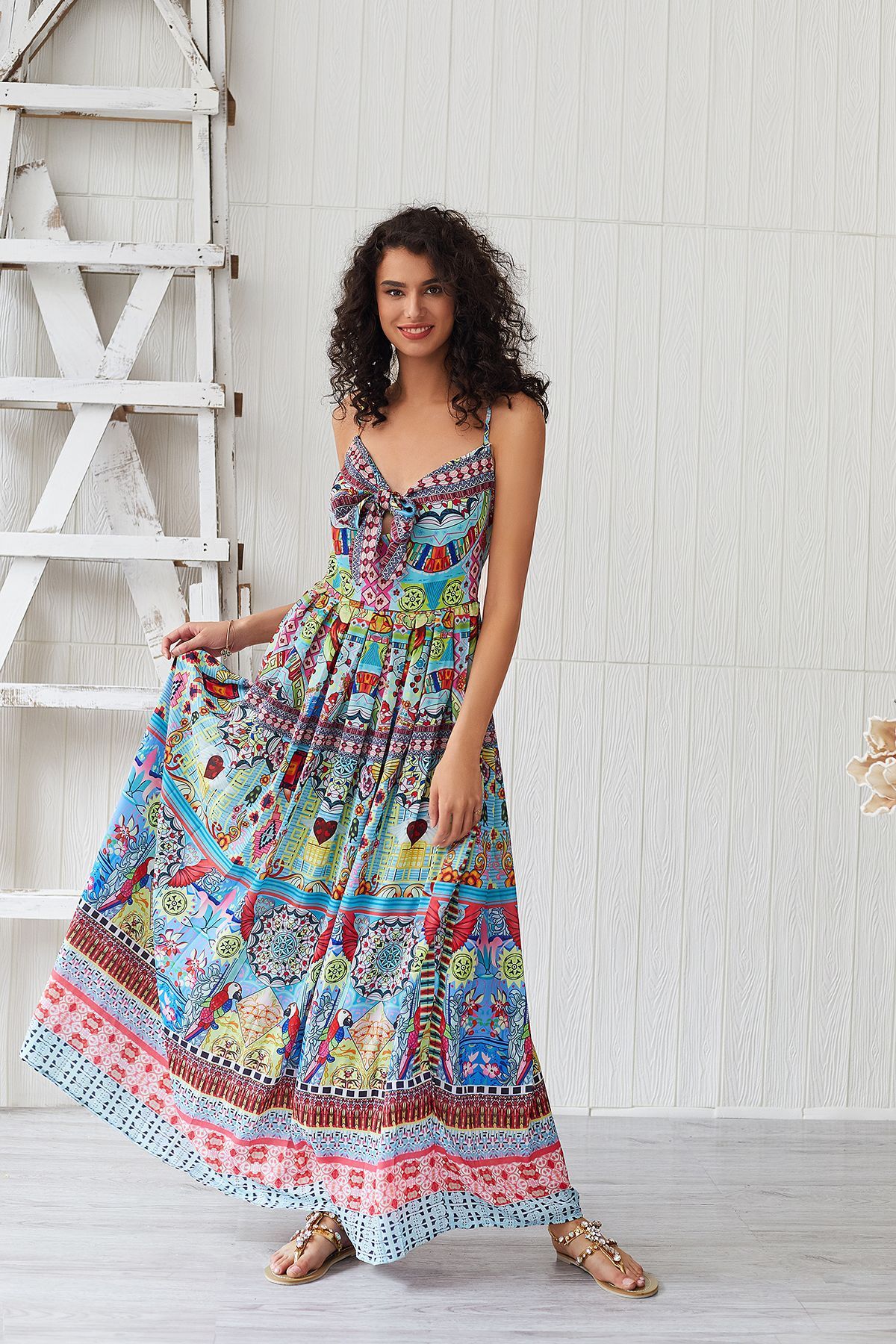 Bohemian Cartoon Printed Strap Maxi V Neck Vintage Chic Summer Beach Casual Ladies Sexy Dress