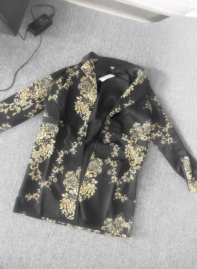 Women Retro Black Floral Print Cardigan Long Sleeves Vintage Jacket Slim Elegant Coat Outwear