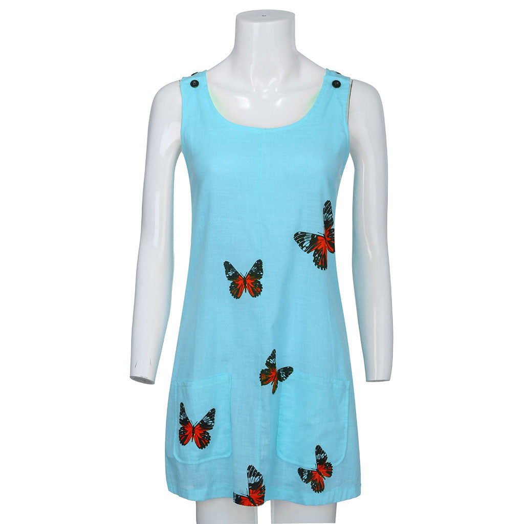 Summer Sleeveless Floral Butterfly Knee Above Casual Loose Mini Dress