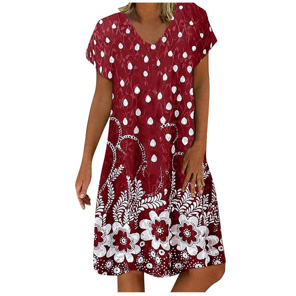 Summer Dot Floral Print V-Neck Short Sleeves Midi Dress