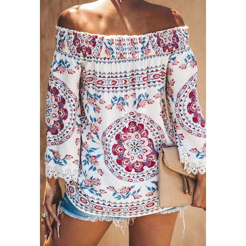 Autumn and Winter Women Retro Printed Lace Stitching Off Shoulder Elegant Loose Flare Sleeve Blouse