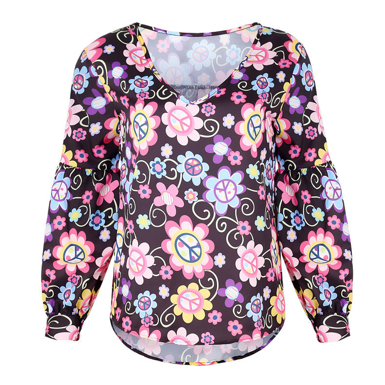 Women's Shirts Print Loose Long Sleeve V-neck Tops