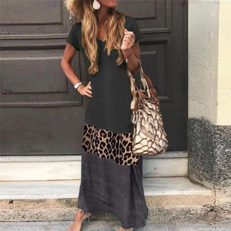 Women Vintage Leopard Fashion Casual Long Dress