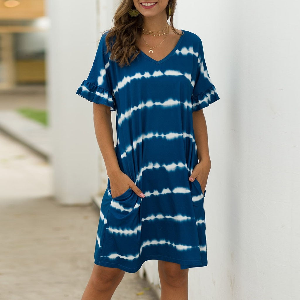 Summer Women Short Sleeve Loose Wavy Stripes Mini Dress