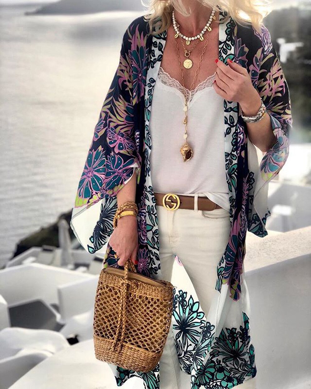 Chiffon Printed Belt Loose Seaside Holiday Beach Sunscreen Cardigan Cover Up