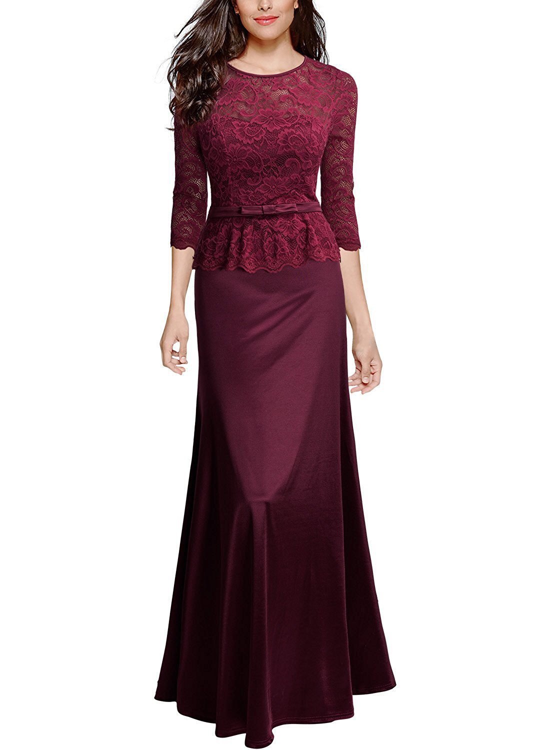 Round Neck Patchwork See-Through Plain Evening Dress