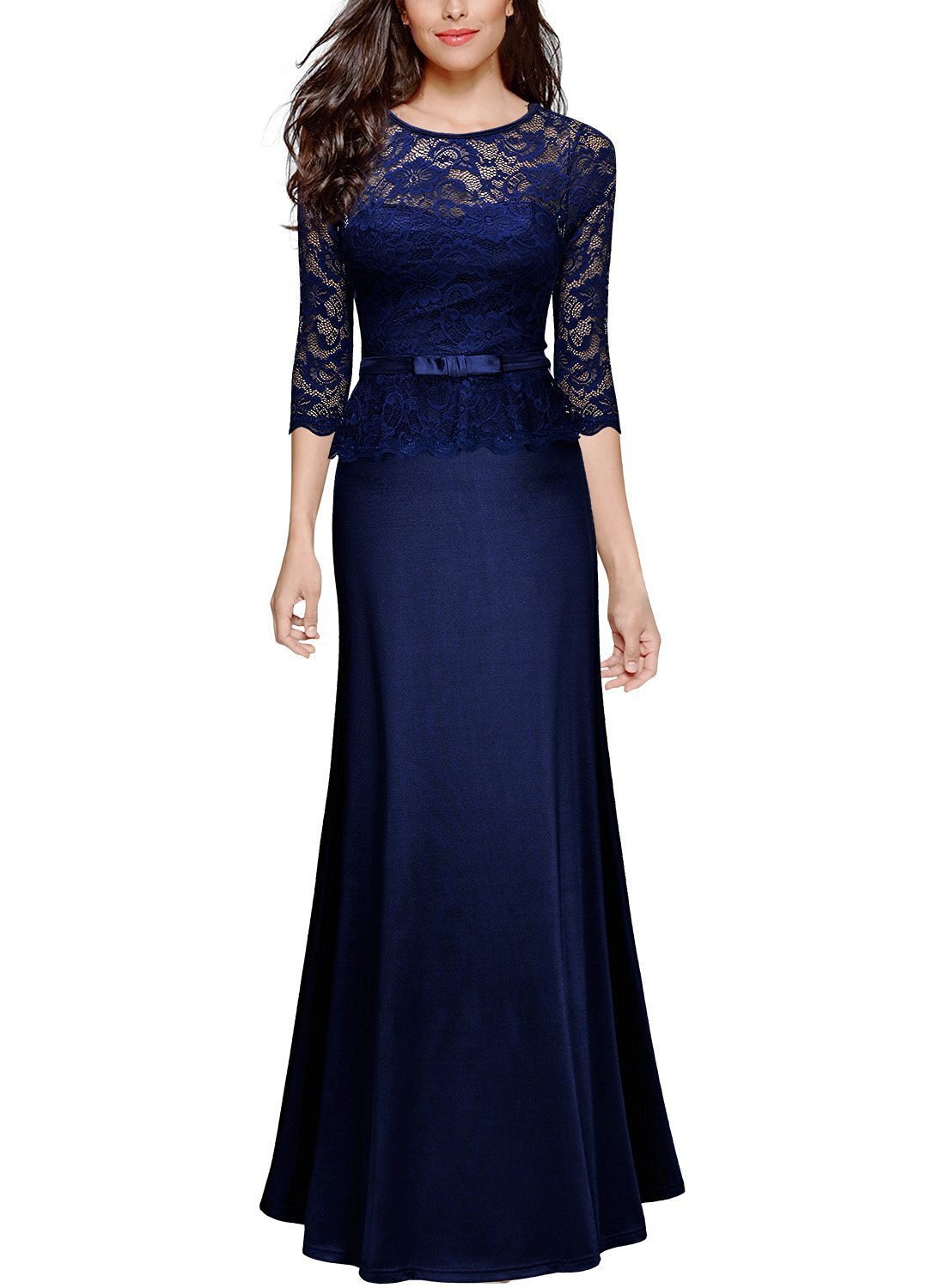 Round Neck Patchwork See-Through Plain Evening Dress