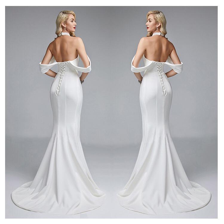 White Contrast Bow Backless Sexy Evening Maxi Dress