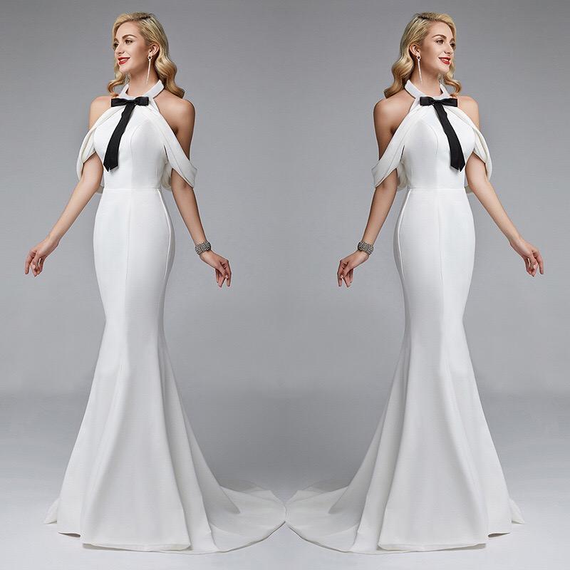 White Contrast Bow Backless Sexy Evening Maxi Dress