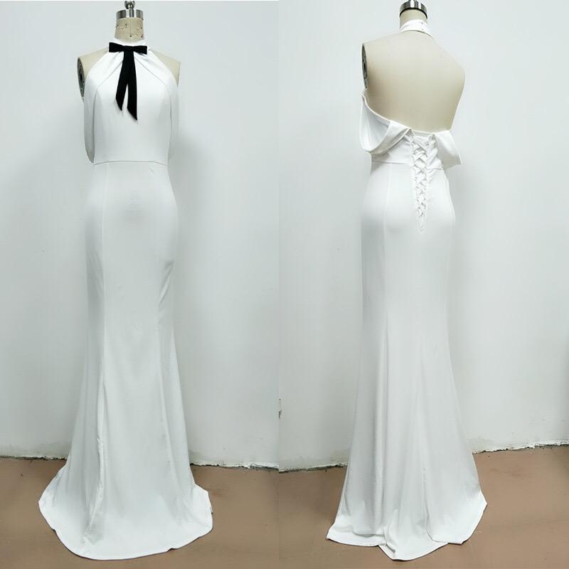 White Contrast Bow Backless Sexy Evening Maxi Dress