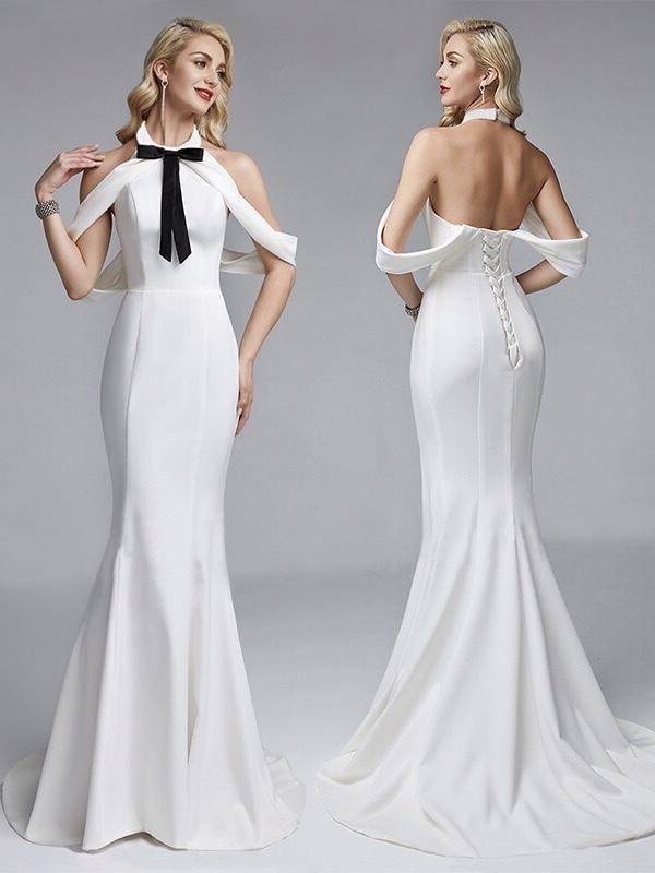 White Contrast Bow Backless Sexy Evening Maxi Dress