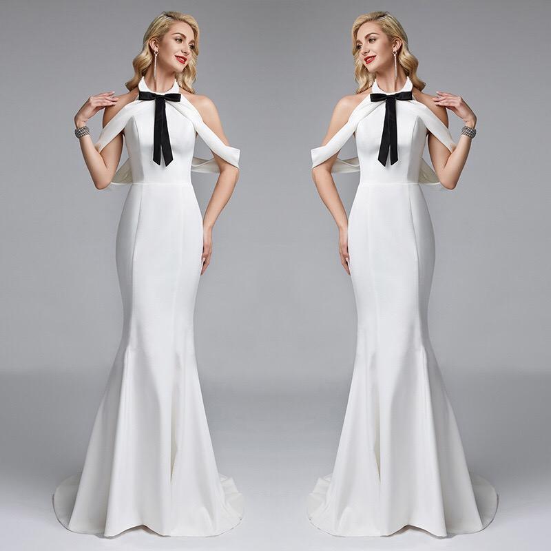 White Contrast Bow Backless Sexy Evening Maxi Dress