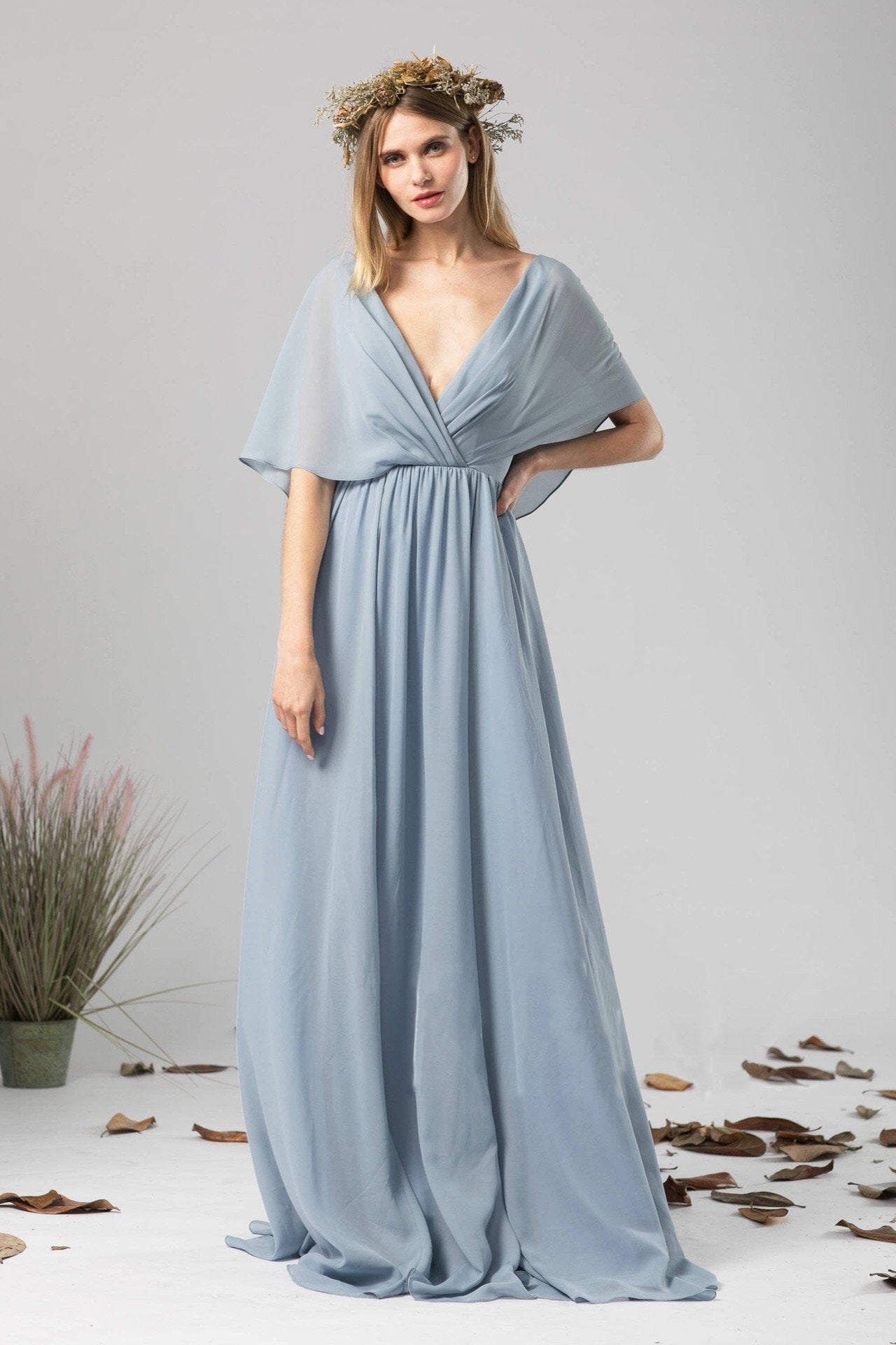 Solid Color Chiffon Dress Deep V-neck Halter Dress Maxi Dress