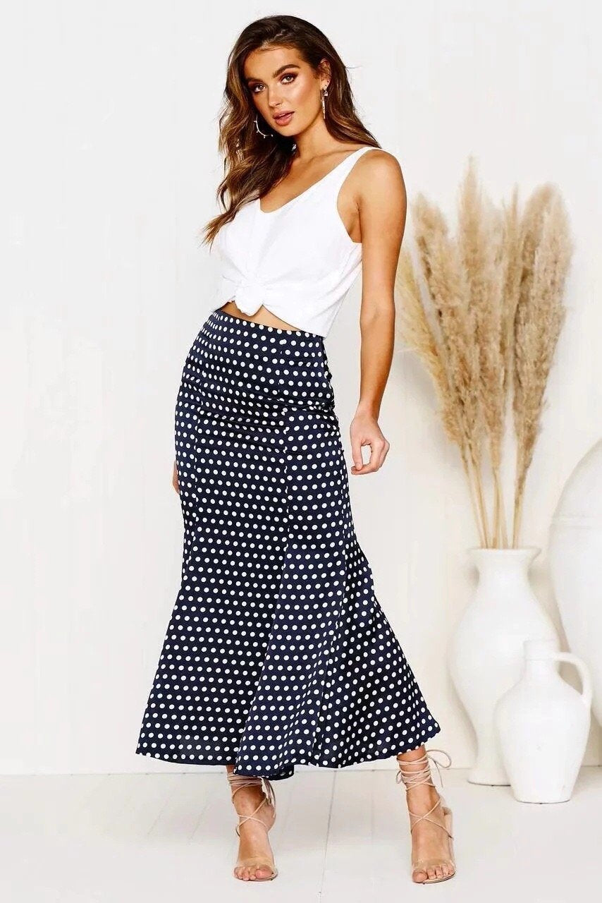 High Waist Bodycon Skirt Autumn Sexy Slim Slimming Wave Dots Midi Skirt