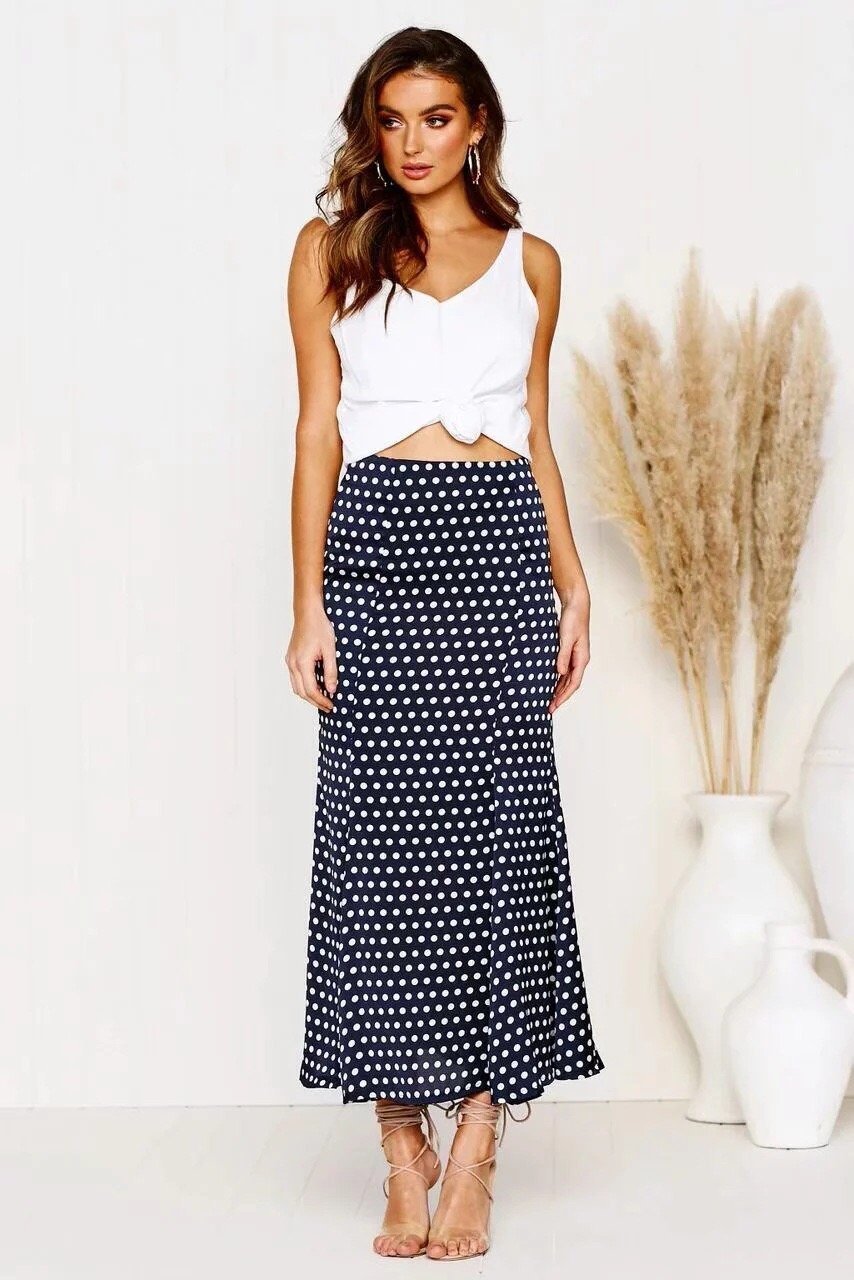 High Waist Bodycon Skirt Autumn Sexy Slim Slimming Wave Dots Midi Skirt