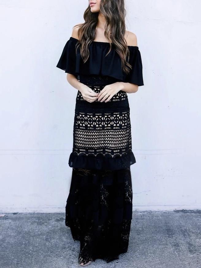 Off Shoulder Bohemian Hip Irregular Dress Lace Stitching Maxi Dress