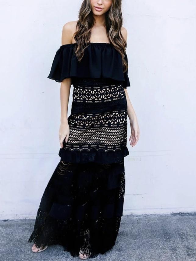 Off Shoulder Bohemian Hip Irregular Dress Lace Stitching Maxi Dress