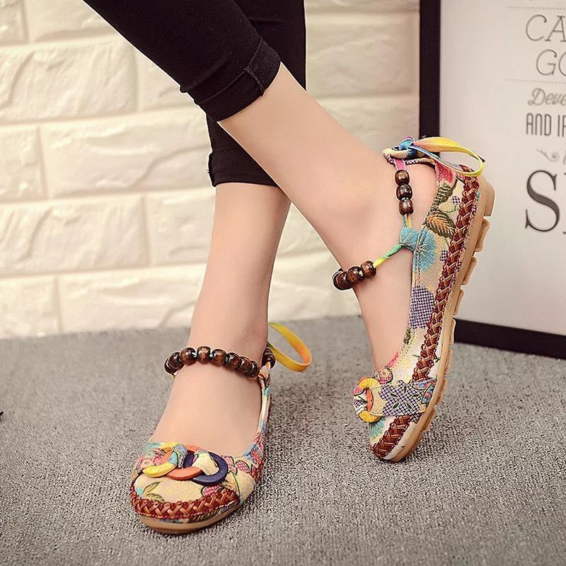 Bead Chain Knitting Butterflyknot For Women Vintage Retro National Wind Lace Up Flat Shoes