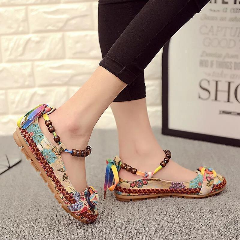 Bead Chain Knitting Butterflyknot For Women Vintage Retro National Wind Lace Up Flat Shoes